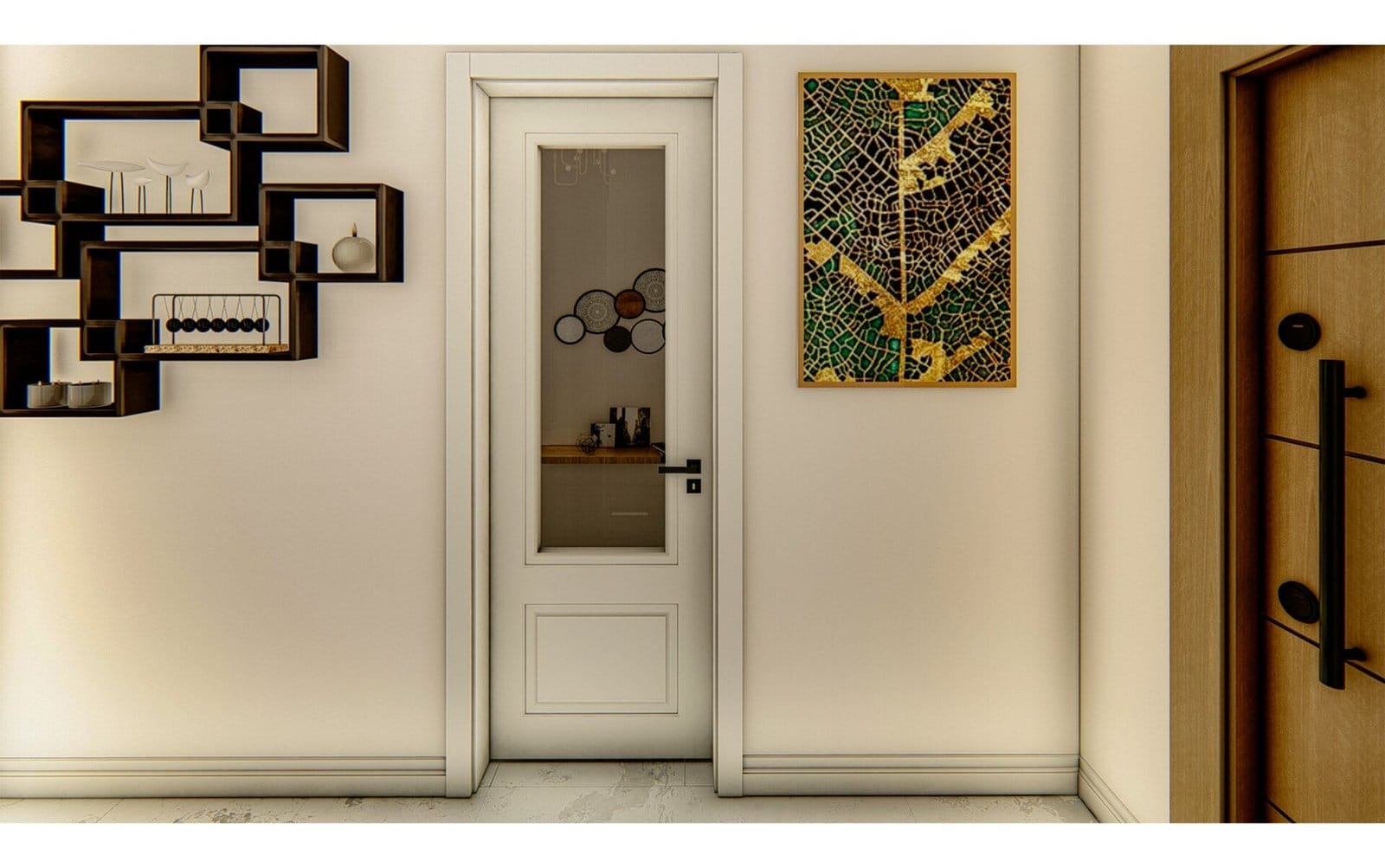 Modern bir koridorun ortasında buzlu cam panelli beyaz bir kapı yer alıyor. Solda, siyah geometrik duvar rafları dekor öğeleri sergiliyor. Sağda, çerçeveli soyut altın ve yeşil yaprak sanatı asılı. Sağ alt tarafa yakın, siyah kulplu ahşap bir kapının kenarı görülebiliyor ve çeşitli kapı modellerini sergiliyor.