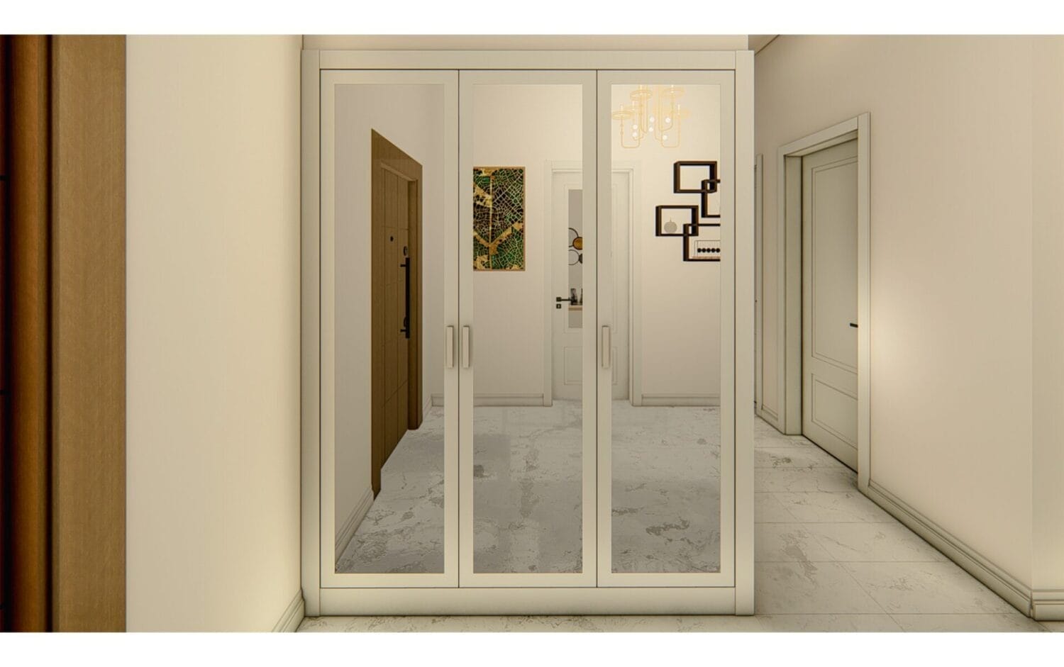 Bir koridorda ahşap bir kapıyı ve duvar sanatını yansıtan cam panellere sahip beyaz çift kapılar bulunmaktadır. Zeminler mermerdir ve duvarlar açık renklidir. Yansımada çağdaş bir avize görülmekte olup, mekana zarafet katmaktadır. Koridor, iki ek kapıdan geçerek diğer odalara açılır.