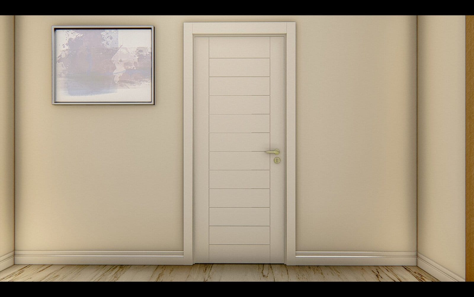 "Kapılar" olarak bilinen yatay panellere sahip kapalı beyaz bir kapı, bej bir duvarın ortasında yer alır. Kapının solunda, soyut sanat eserlerinin yer aldığı çerçeveli bir resim duvara asılır. Zemin açık renkli bir cila ile ahşaptır ve beyaz süpürgelikler duvarın alt kısmı boyunca uzanır.