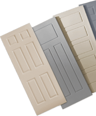 Four doors, each varying in shade from light beige, gray, cream, to darker gray, are lined up at an angle. Their traditional six-panel design creates a uniform and structured look. These kapı contrast strikingly against the black background.