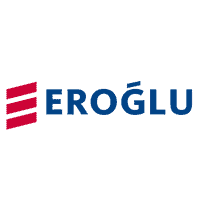 The image features the Eroğlu logo. "EROĞLU" is written in bold, blue uppercase letters, with an acute accent mark on the "G." To the left of the text are three horizontal, red bars stacked vertically, slightly tilted to the right. The background is white.