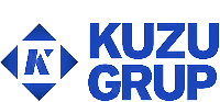 Sağda kalın metinle şirket adı bulunan "Kuzu Grup"un mavi logosu. Solda, elmas şeklinin ortasında büyük bir "K" ve üst, sol ve alt taraflardan ona doğru işaret eden üç küçük üçgen içeren soyut bir geometrik tasarım var. Referanslarımız itibarımızı sergiliyor.
