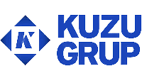 Sağda kalın metinle şirket adı bulunan "Kuzu Grup"un mavi logosu. Solda, elmas şeklinin ortasında büyük bir "K" ve üst, sol ve alt taraflardan ona doğru işaret eden üç küçük üçgen içeren soyut bir geometrik tasarım var. Referanslarımız itibarımızı sergiliyor.