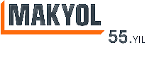 Resimde kalın, koyu gri harflerle "MAKYOL" yazısı bulunan bir logo gösterilmektedir. İlk harf "M", sola doğru çapraz olarak uzanan turuncu bir çizgiyle altı çizilidir. Aşağıda ve sağda, daha küçük, koyu gri yazı tipiyle eşleşen, uzun süredir devam eden itibarlarını ve referanslarımızı vurgulayan "55. YIL" yazısı yer almaktadır.
