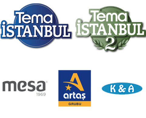 TEMA İSTANBUL ve Tema İstanbul 2 inşaat projelerinin logoları, Mesa, Artaş Grubu ve K&A olmak üzere üç şirketin logolarıyla birlikte gösteriliyor. Logolar, üstte TEMA İSTANBUL logoları ve altlarında şirket logoları olacak şekilde ızgara benzeri bir düzenlemede sunuluyor.