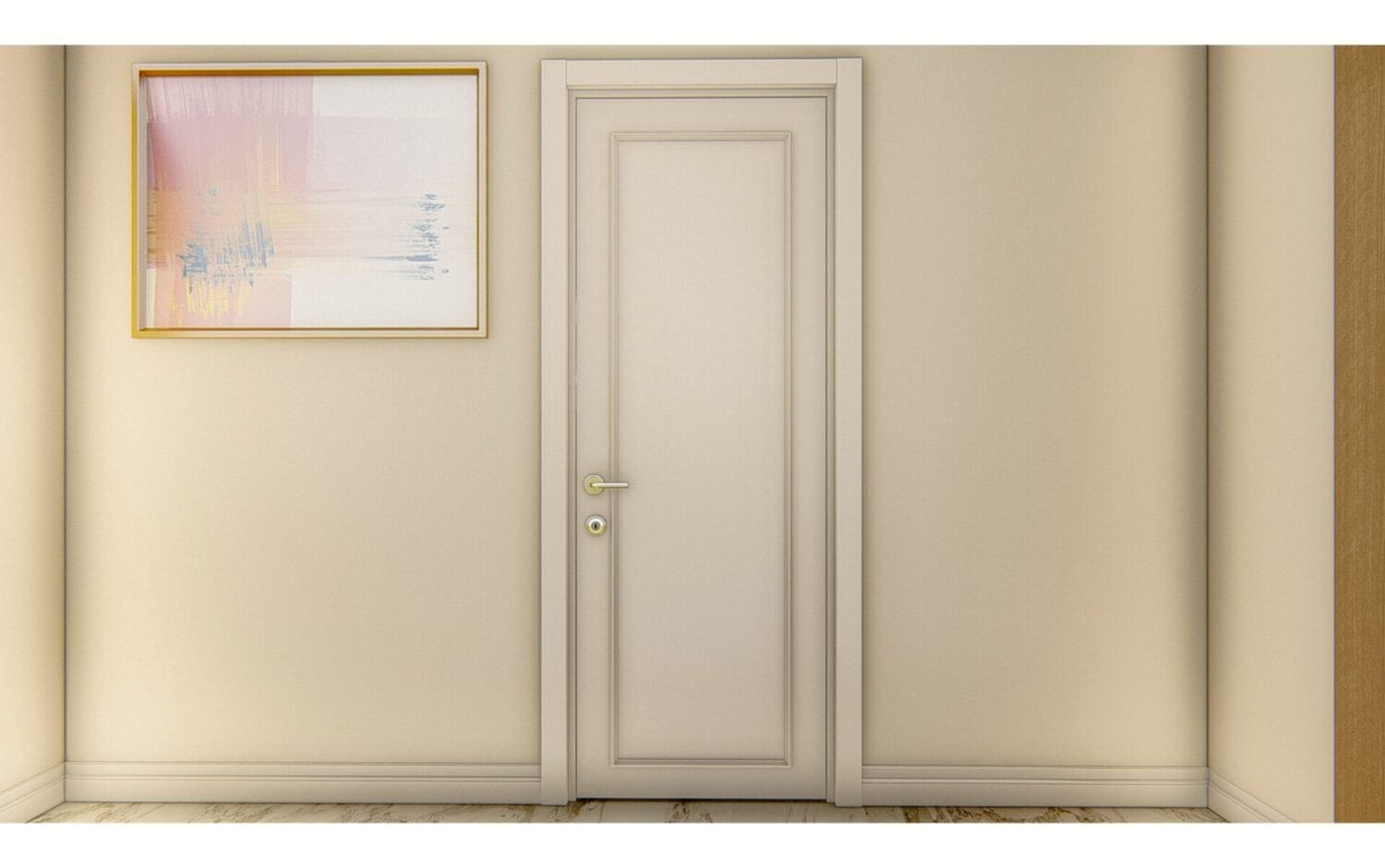 Dekoratif kalıplı beyaz bir kapı, ahşap zeminli açık bej bir odanın ortasında duruyor. Kapının solunda, pastel renklerle çerçevelenmiş soyut bir resim duvara asılmış. Resimde yumuşak pembe, mavi ve beyaz tonları ve soluk dikdörtgen şekiller yer alıyor. Kapılar, bu dingin ortama zarif bir dokunuş katıyor.